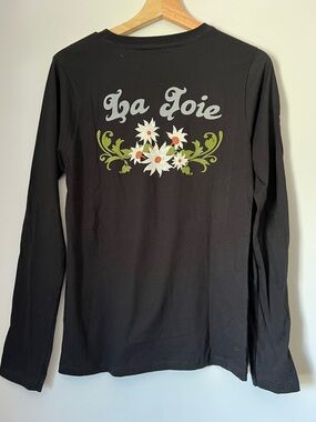 SUNDANCE Vintage Black Long Sleeve Tee Daisy Motif La Joie Cotton